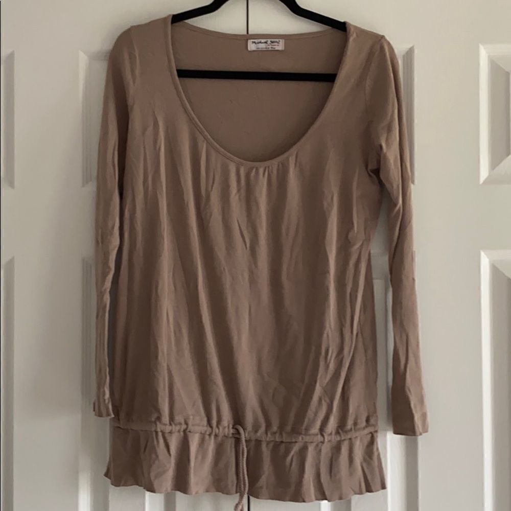 Michael Stars Tan Deep Scoop Neck L/S Tie Top